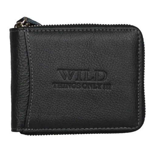 czarny portfel skórzany WILD 702 na suwak vintage / WILD 702 black vintage leather zip wallet